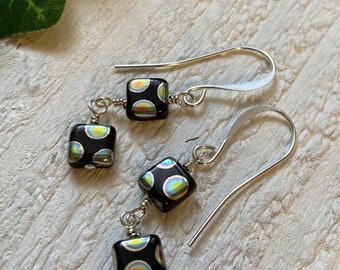 Czech Glass Earrings, Fun Black Glass Bead Earrings, Geometric Drop Beaded Earrings, Polka Dot Black and Silver Earrings