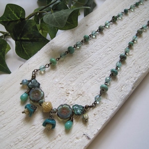 Aqua Floral Czech Glass Bohemian Style Necklace, Flower Cluster Turquoise & Glass Beaded Necklace