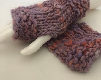 Hand Spun Sheep’s Wool Winter Mitts, Chunky Rustic Handknit Fingerless Gloves, Lavender, Lilac & Peach Indie Dyed Wool Gloves