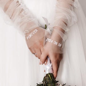 Personalized Wedding Tulle Gloves with Embroidery | Fingerless Bridal Sheer