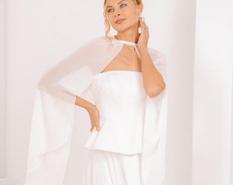 Elegant Chiffon Bridal Cape, Sheer silk crop cape, Wedding bolero, Bridal overlay dress topper, Wedding dress cover up, Long sleeves
