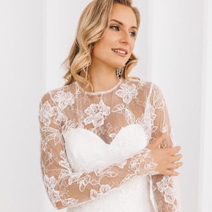 Elegant french lace bridal blouse, Wedding modern bolero, Bridal overlay, Bride dress topper, Wedding dress cover up, Bridal jacket sheer