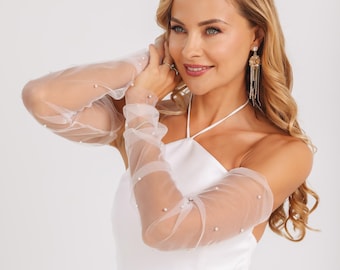 Bridal Tulle Gloves with Pearls, Wedding ivory gloves