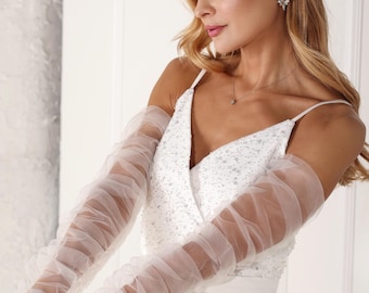 Bridal Gloves, Wedding Pleated Tulle Gloves, Fingerless Long Bridal Sleeves, Wedding Tulle Arm Coverup, Tulle wedding sleeves