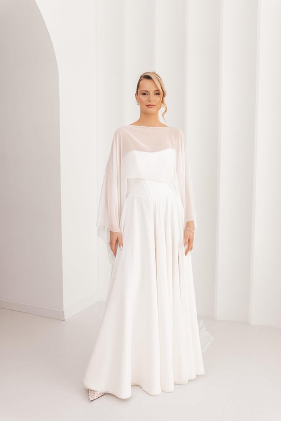 chiffon cape overlay dress Elegant Sheer Bridal Minimalist Wedding Cape Bridal Cover Up Flowing Wedding Bolero The cape overlay does Color:Light Chambray The Linen Edit Plus Size, Plus Size