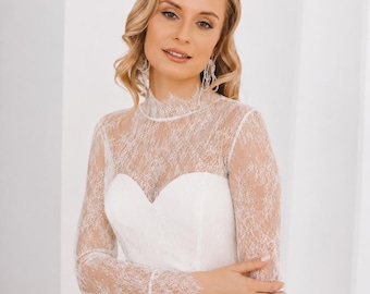 Elegant french lace bridal blouse, Wedding modern bolero, Bridal overlay, Bride dress topper, Wedding dress cover up, Bridal jacket sheer