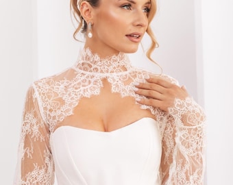 Elegant Lace Bridal Bolero | High Neck Wedding Overlay | Sheer Long Sleeve Topper | Romantic Bridal Jacket | Milk white Custom Made