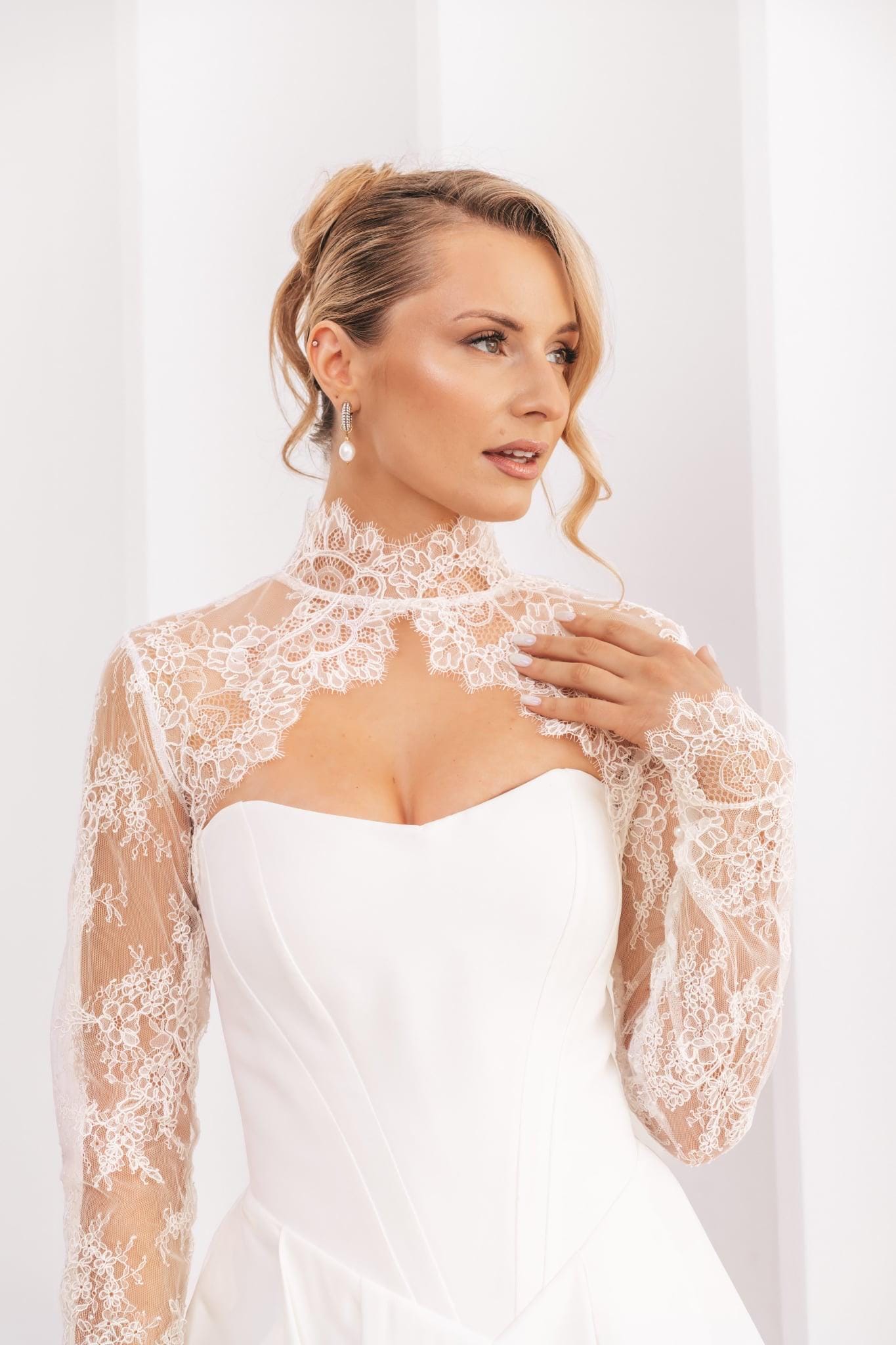 fitted lace wedding dress Long Sleeve Silk White Lace Jacket 14 / Silk White main image 1