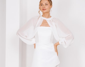 Elegant Chiffon Bridal Cape, Sheer silk crop cape, Wedding bolero, Bridal overlay dress topper, Wedding dress cover up, Long sleeves