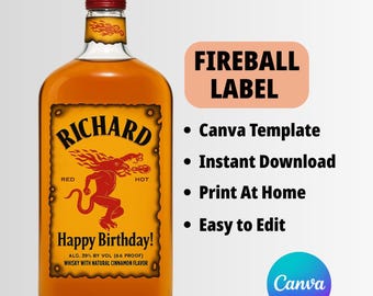 Fireball Whiskey Label Canva Template, Custom Bachelor Party Gift, Personalized Gift For Weddings, Birthdays and Events, Whiskey Label