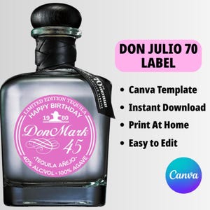 Pink Don Julio 70 Label Canva Template · Perfect Birthday Gift for Her · Anniversary Gift · Wedding Party Favor Custom Tequila Bottle Label