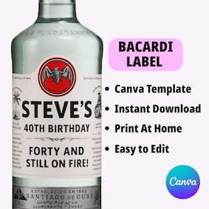 Bacardi Rum Label Canva Template. Custom Bachelor Party Gift, Personalized Gift For Weddings, Birthday gifts and gift for her !