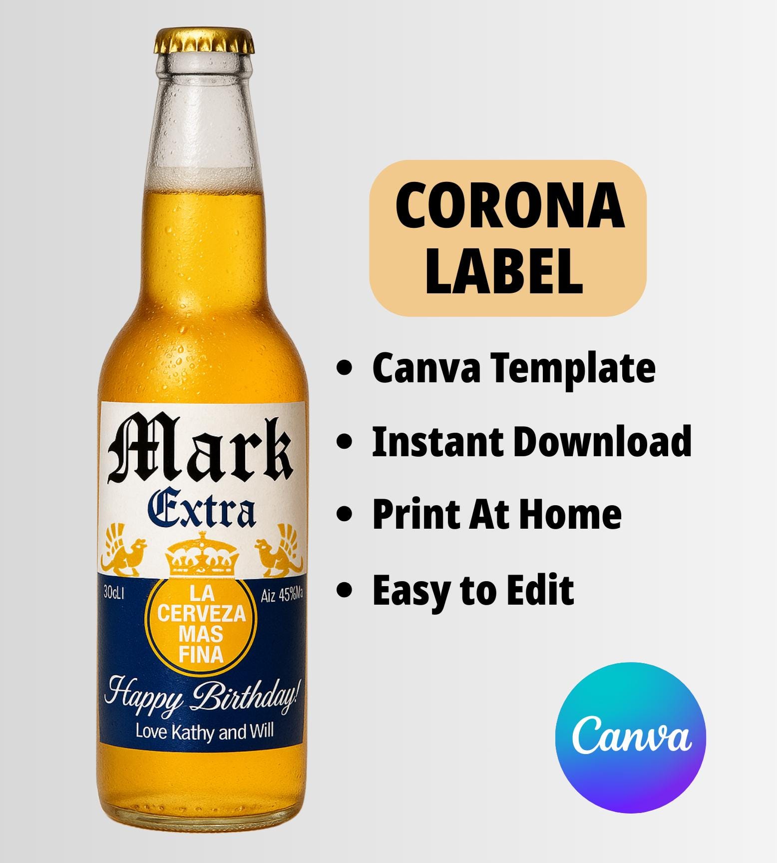 Corona Beer Label Canva Template! Personalized Custom Digital Download Perfect Graduation gift, Party Favor, Bachelor party and gift for her