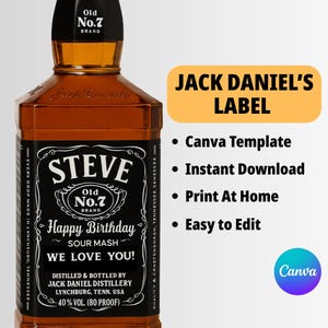 Etichetta per whisky Jack Daniel's personalizzata su Canva, modello digitale scaricabile, perfetta per matrimoni, addii al celibato e compleanni!