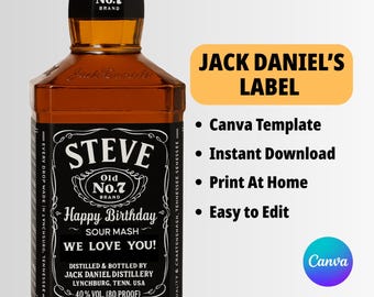 Modèle de toile d'étiquette de whisky Jack Daniels personnalisé en téléchargement numérique personnalisé, parfait pour les mariages, les enterrements de vie de jeune fille et les anniversaires !