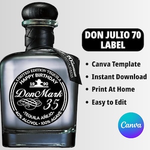 Black Don Julio 70 Label Canva Template · Perfect Birthday Gift for Her · Anniversary Gift · Wedding Party Favor Custom Tequila Bottle Label