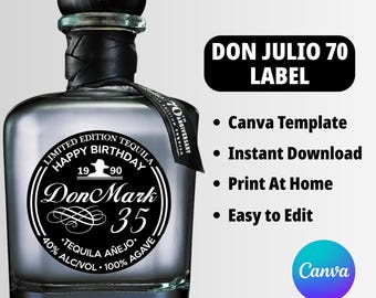 Black Don Julio 70 Label Canva Template · Perfect Birthday Gift for Her · Anniversary Gift · Wedding Party Favor Custom Tequila Bottle Label