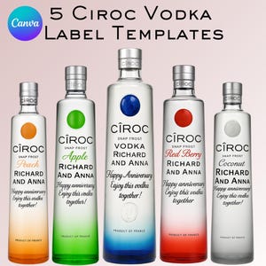 Etichette per vodka Ciroc su Canva. Confezione da 5 gusti diversi! Perfette come bomboniere, matrimoni, addii al celibato e come regalo per lei.
