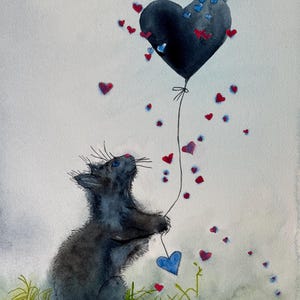 Tarjeta de felicitación de gato - Gato de dibujos animados - Tarjeta en blanco del gato - Gato con globo - San Valentín