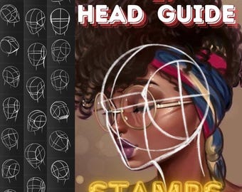 Op de afbeelding: Een digitale illustratie van een vrouwenhoofd met een wit raster eroverheen. De vrouw heeft donker krullend haar, draagt een bril en een kleurrijke hoofddoek. De tekst "+27 HEAD GUIDE STAMPS" staat in de afbeelding.
