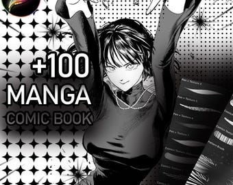 Más de 100 pinceles de trama de manga para Procreate, pinceles de cómic de semitonos, texturas de semitonos y sellos, conjunto de pinceles de cómic de textura de trama de Procreate