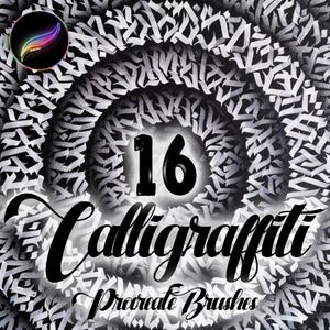 May include: A black and white image of 16 calligraphy brushes. The brushes are arranged in a circle around the number 16. The text "Calligraffiti" is written in a large, bold font below the number. The text "Procreate Brushes" is written in a smaller font below the word "Calligraffiti".