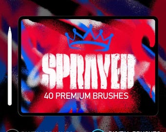 May include: A digital tablet displays the word "SPRAYED" in white, with a blue crown above it, set against a red and blue graffiti background. The text "40 PREMIUM BRUSHES" is below. A white stylus is on the left. Digital brushes for Procreate and Photoshop.