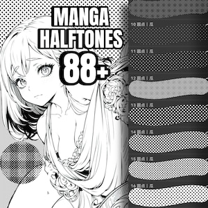 May include: Black and white illustration of a woman with long hair wearing a flowing dress. The image includes the text "MANGA HALFTONES 88+" and a series of black and white halftone patterns.