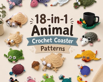 Tiere Becherhalter & Becher Hugger Bundle | 18-in-1 Tier häkeln Untersetzer-Muster (PDF + VIDEO TUTORIAL)