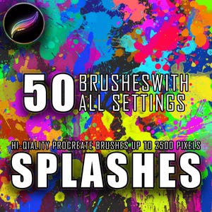 May include: 50 Procreate brushes with all settings for creating colorful paint splatters up to 2500 pixels. The image shows a colorful background with paint splatters in various colors.