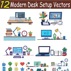 May include: A vector graphic featuring 12 modern desk setups. Each setup includes a computer, desk lamp, and other office accessories. The setups are in a variety of colors and styles, with the text "12 Modern Desk Setup Vectors" at the top.