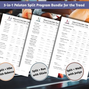 May include: A bundle of three workout programs for the Peloton Tread, featuring split routines for running, walking, and hiking. Each program is a detailed, printable exercise plan with exercise names and space to record weight and reps.