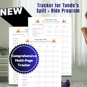 Puede incluir: Un rastreador de ejercicios de varias páginas para el programa Tunde's Split + Ride con hojas blancas, texto negro, iconos de bicicleta estática naranja y una insignia azul con el texto blanco Comprehensive Multi-Page Tracker.