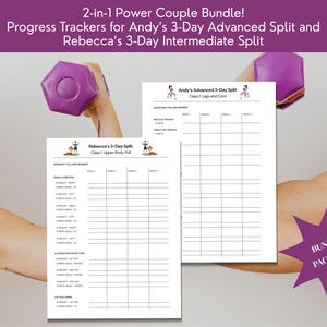 May include: A bundle of two fitness progress trackers. The trackers are for Andy's 3-Day Advanced Split and Rebecca's 3-Day Intermediate Split. The text "2-in-1 Power Couple Bundle!" is at the top. A purple dumbbell is in the background.