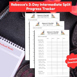 May include: A fitness-themed image featuring a spiral-bound notebook with "Workout Goals" in red, alongside workout trackers. The trackers are labeled "Rebecca's 3-Day Intermediate Split Progress Tracker" and include "Instant Download" text.
