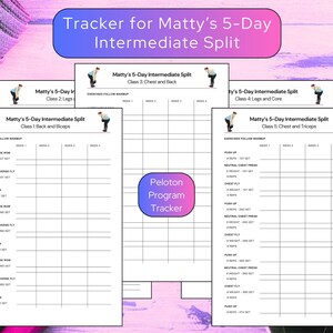 May include: A set of printable workout trackers for Matty's 5-Day Intermediate Split program. The trackers are white with black text and include sections for exercises, sets, and reps. The title "Tracker for Matty's 5-Day Intermediate Split" is at the top.