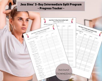 Jess Sims 3 Day Intermediate Split Tracker, Peloton Strength Program Log, Printable Workout and Weight Lifting Fitness Planner PDF