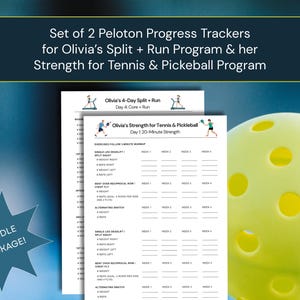 May include: Two Peloton progress trackers for Olivia's Split + Run Program and Strength for Tennis & Pickleball Program. The trackers are white with black text and graphics. A yellow pickleball is in the background. The text "BUNDLE PACKAGE!" is also visible.