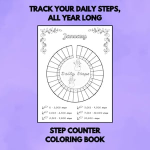 May include: Black and white step counter coloring book page with the text "Track Your Daily Steps, All Year Long". The page features a circular design for tracking daily steps, with the month of January at the top and the text "Daily Steps" in the center.