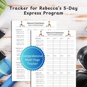 Puede incluir: Un rastreador de fitness con el texto "Tracker for Rebecca's 5-Day Express Program" y "Comprehensive Multi-Page Tracker". El rastreador incluye tablas de ejercicios, pesas, una esterilla de yoga y una zapatilla deportiva.