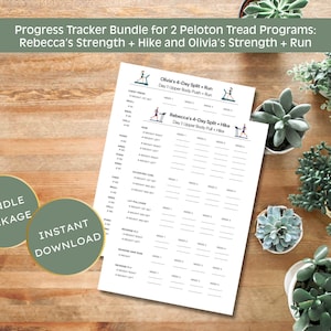 May include: A bundle of white progress tracker sheets for Peloton Tread programs, with text that reads "Progress Tracker Bundle for 2 Peloton Tread Programs". The sheets are on a wooden surface, with small potted plants. Includes "Bundle Package" and "Instant Download" labels.