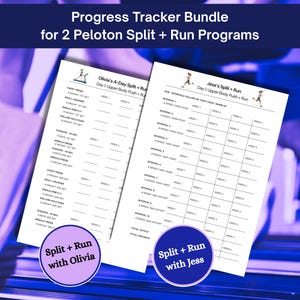 Könnte beinhalten: Zwei weiße, bedruckte Trainings-Tracker mit dem Text: "Progress Tracker Bundle for 2 Peloton Split + Run Programs". Ein Tracker ist mit "Olivia's 4-Day Split + Run" beschriftet, der andere mit "Jess's Split + Run".