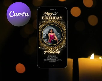 Digital Birthday Dinner Invitation Template, Black Tie Glam Invite, Animated Black Golden  Self Editable eCard