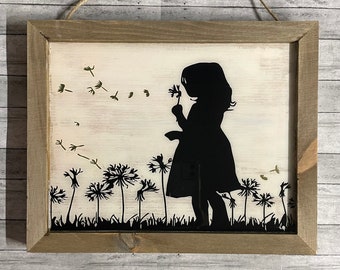 Dandelion Girl Silhouette Wood Wall Art: Gold Accent Decor