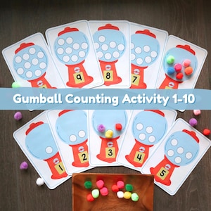 Attività di conteggio Gumball 1-10 stampabile / Attività Pom Pom / Motricità fine / Aritmetica e matematica precoci / Gioco per la scuola materna / Bambini piccoli / Contenitore sensoriale