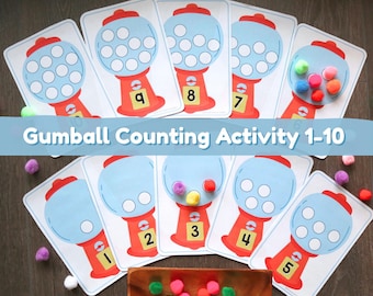Gumball Counting Activity 1-10 Printable | Pom Pom Activity | Fine Motor | Early Numeracy & Math | Preschool Game | Toddler | Sensory Bin