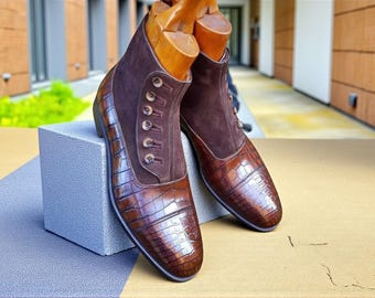 Handmade Two-Tone Ankle Button Boot: Brown Suede & Croc Leather