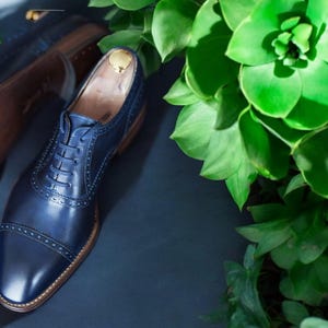 Buy New Men Elegant Navy Blue Leather Lace Up Cap Toe Formal Oxford Shoes.