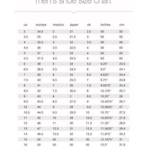 May include: A shoe size conversion chart for men, with columns for US, Europe, Mexico, Japan, UK, inches, and centimeters. The chart includes sizes from US 3 to 16, with corresponding measurements in inches and centimeters.