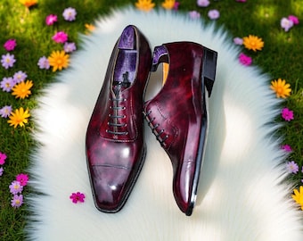 Buy New Men Handmade Burgundy Shaded Leather Lace Up Cap Toe Oxford Formal Shoes.